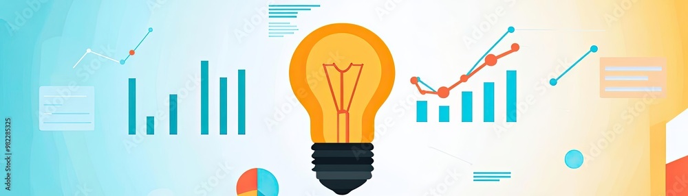 Poster a creative concept of innovation represented by a light bulb and graphs, symbolizing ideas and growt