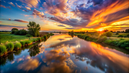 Fototapeta premium Time lapse of a stunning sunset over the river, sunset, time lapse, river, water, evening, nature, beauty, colorful, clouds