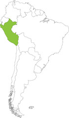 Highlighted map of PERU inside detailed blank flat political map of South (Latin) American continent on isolated background
