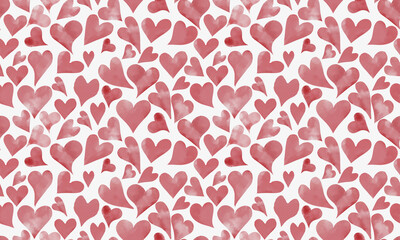 Cute pink hearts on seamless pattern. Pink and red valentine hearts isolated on white background. Watercolor digital illustration. For birthday, wedding and Valentine's Day.