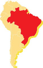 Obraz premium Highlighted map of BRAZIL inside detailed blank flat political map of South (Latin) American continent on isolated background
