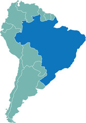 Highlighted map of BRAZIL inside detailed blank flat political map of South (Latin) American continent on isolated background