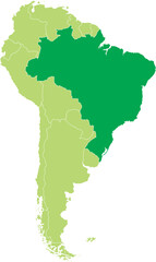 Fototapeta premium Highlighted map of BRAZIL inside detailed blank flat political map of South (Latin) American continent on isolated background