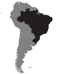 Highlighted map of BRAZIL inside detailed blank flat political map of South (Latin) American continent on isolated background