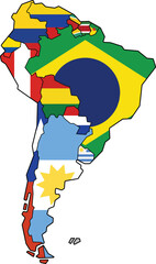 Highlighted detailed blank flat political map of South (Latin) American continent on isolated background