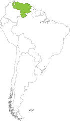 Highlighted map of VENEZUELA inside detailed blank flat political map of South (Latin) American continent on isolated background
