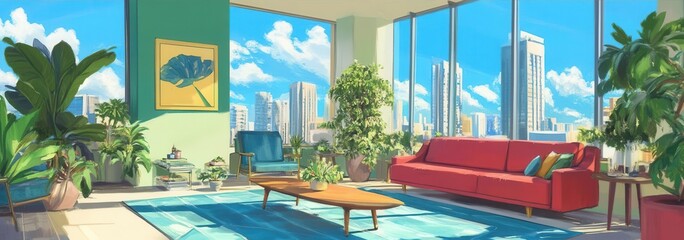 Bright and modern living room with vibrant furniture, plants, and a stunning city view through large windows.