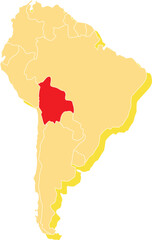 Highlighted map of BOLIVIA inside detailed blank flat political map of South (Latin) American continent on isolated background