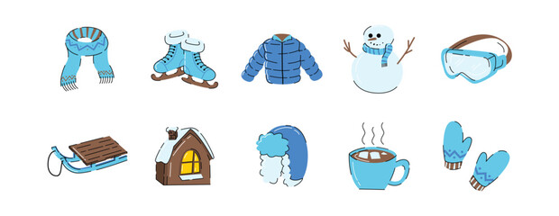 Naklejka premium Winter Essentials and Activities in Cartoon Style, Winter Vector Set