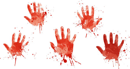 Set of vector handprints with splashes of red paint isolated on a white background,