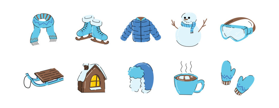 Winter Essentials and Activities in Cartoon Style, Winter Vector Set