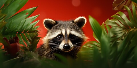 Obraz premium Cute raccoon sitting on a flower field. 3d rendering