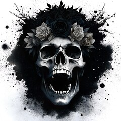 Fototapeta premium human skull with an open evil jaw, in a black gloomy style, watercolor style, on a white background