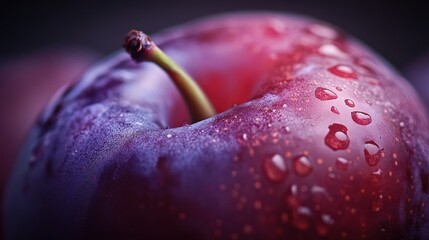 Close-up of a Red Plum with Water Drops