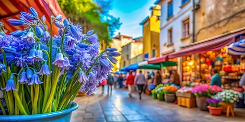 Fototapeta premium Vibrant Spanish bluebells stand tall against a worn canvas, surrounded by a bustling street market where vendors peddle