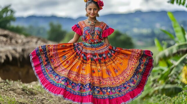 Vibrant Honduran Teenager in Traditional Lenca Dress Against Rural Backdrop