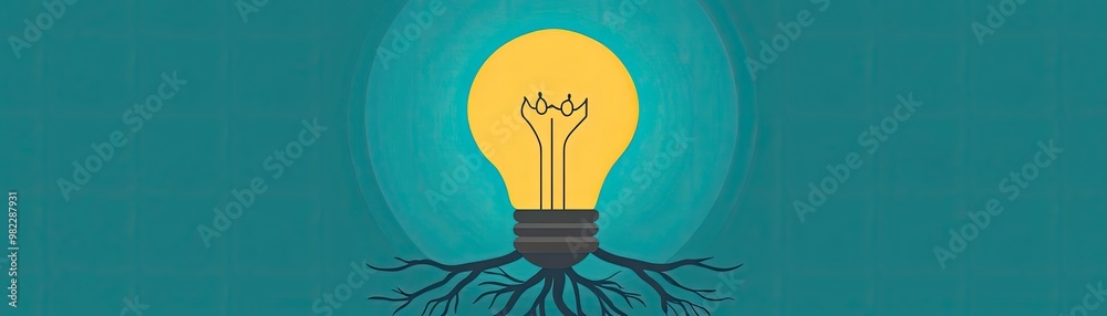 Poster a vibrant light bulb emerging from roots symbolizing ideas growing from a solid foundation, perfect 