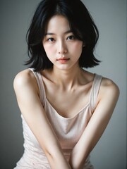 Naklejka premium Elegant Asian Beauty model: Collection of Natural Short Hair Portraits. Royalty-Free Images for Commercial Use, No Model Release Required, Perfect for Advertising & Editorial Projects