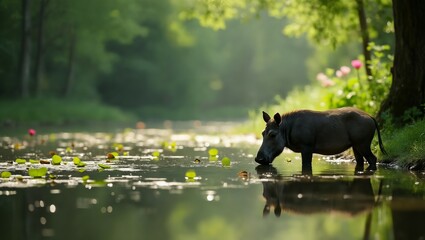Wild Boar Drinking from a River in a Lush Forest
