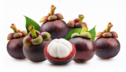 mangosteen fruit, many angles view side top front group slice cut on white isolated background