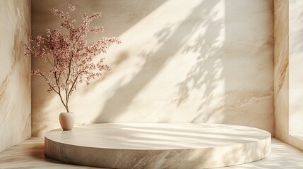 Minimalist Beige Platform with Delicate Pink Blossoms