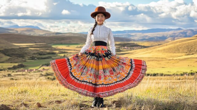 Bolivian Teenager Wearing Pollera and Bowler Hat in Rural Environment - Full-Body Portrait of Traditional Culture