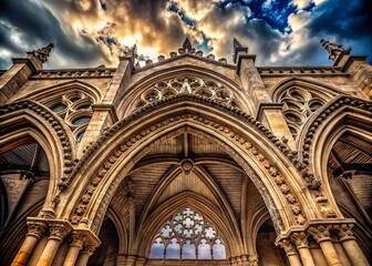 Obraz premium Romanesque arches with pointed vaults and ribbed vaults adorn a stone façade, intricate carvings and ornate decorations within soaring gothic architecture against a dramatic cloudy sky