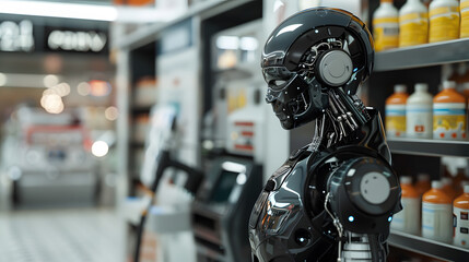 Fototapeta premium The robot, the android, is ready to perform work functions. AI Generated