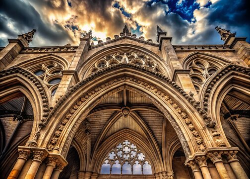 Romanesque arches with pointed vaults and ribbed vaults adorn a stone fa&ccedil;ade, intricate carvings and ornate decorations within soaring gothic architecture against a dramatic cloudy sky