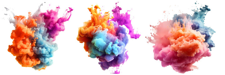 Collection of holi smoke bombs cloud set on transparent background. Generative ai design concept.