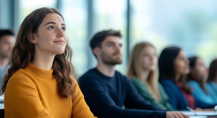 Fototapeta premium A group of university students attentively listening to a lecture in a modern classroom. The female professor leads the discussion, while students take notes and engage with the le