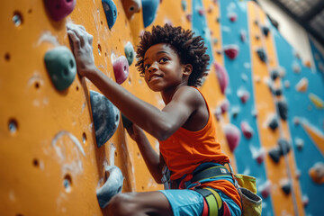 Young athlete boy is climbing an indoor wall at the gym, practicing extreme sports