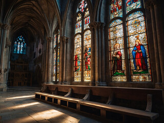 Obraz premium the interior of a medieval cathedral with towering stone columns, pointed arches, and sunlight streaming through vibrant stained glass windows