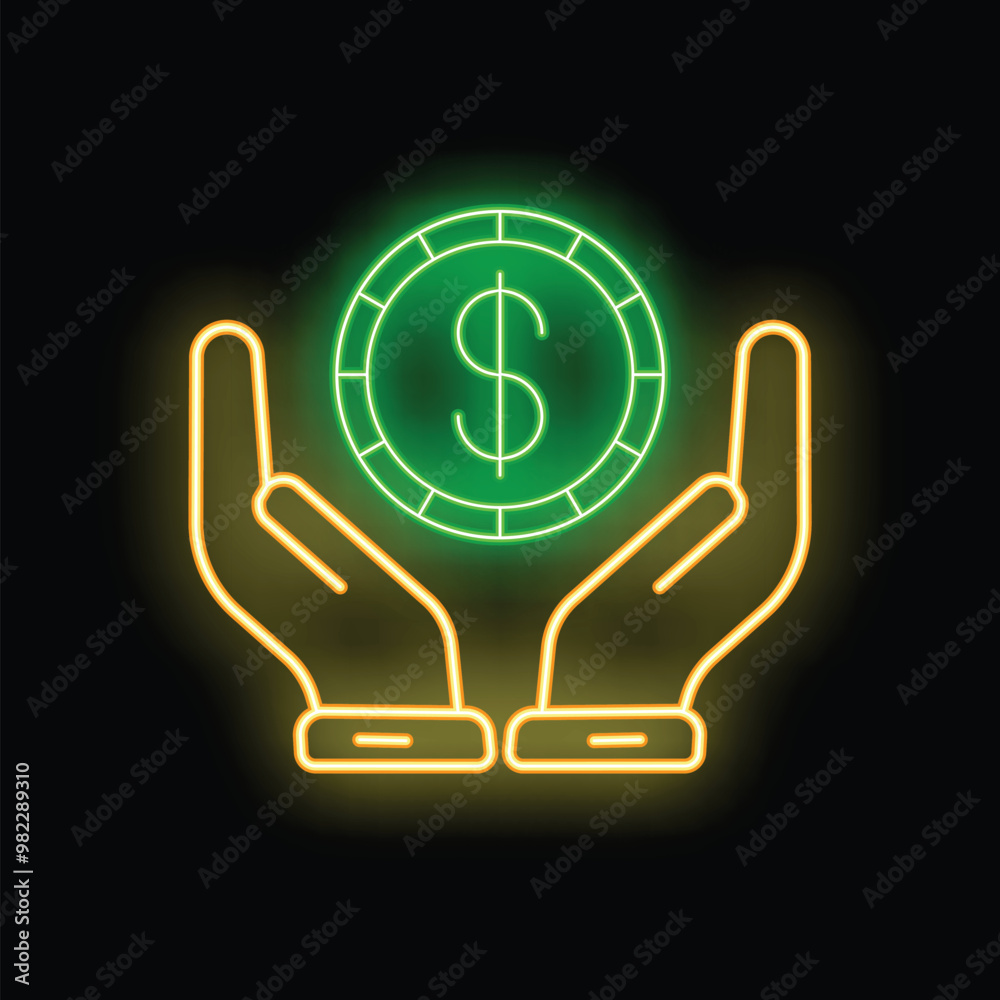 Poster Neon sign illustrating a businessman holding a dollar coin in his hands