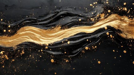 Abstract Black and Gold Swirling Liquid with Scattered Metallic Dots