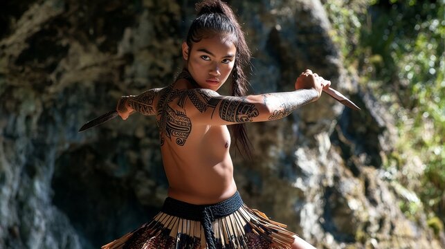 Proud New Zealand Maori Teenager in Piupiu Skirt and Traditional Tattoo Striking Warrior Pose Against Natural Backdrop