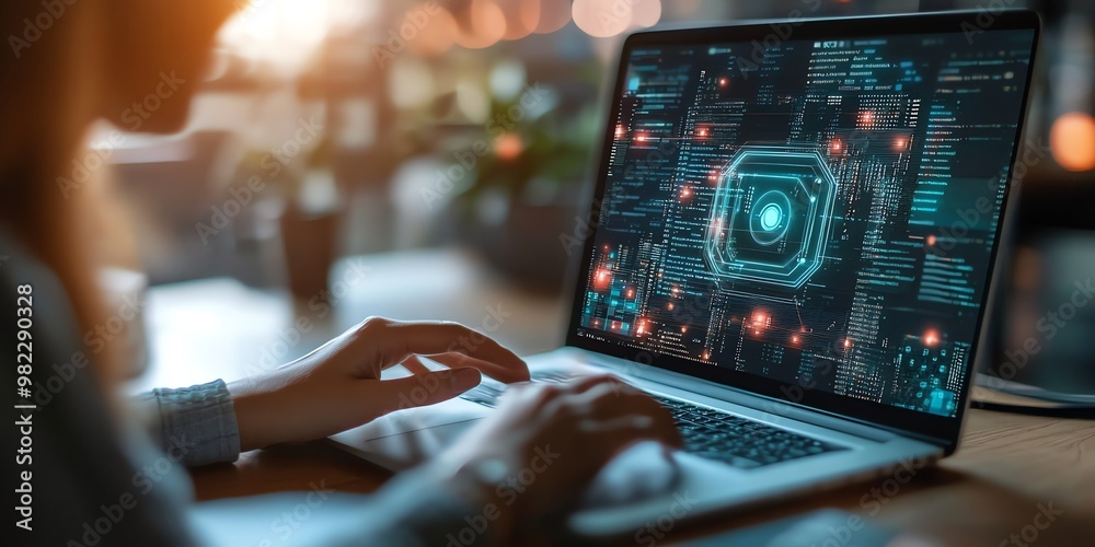 Poster person using laptop with glowing screen showing data and code.