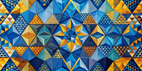 Fototapeta premium Swirling patterns of triangles, hexagons, and chevrons in shades of blue, yellow, and orange, forming a mesmerizing geometric abstract composition.