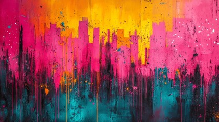 Abstract Wall Art with Dripping Pink, Orange, and Blue Paint