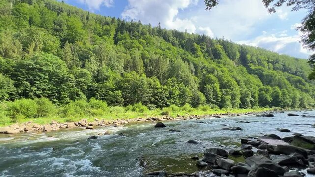 Beautiful view of the mountain river Prut in the resort town of Yaremche. Carpathians, Ukraine. Summertime