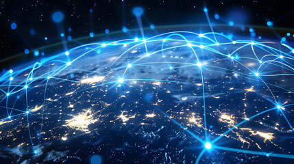 Obraz premium A Digital Network Illustration Depicting a Blue, Illuminated Earth with Glowing Connections Against a Starry Background, Representing Global Connectivity and Communication