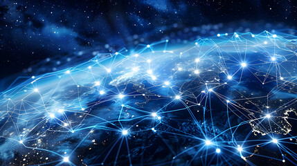 Fototapeta premium A Digital Network Connecting the World with Illuminated Lines and Nodes on a Blue Earth Background.