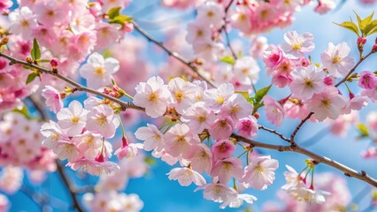 Obraz premium Delicate pink petals unfurl on wispy tree limbs, suspended against a serene blue expanse, a fleeting beauty in