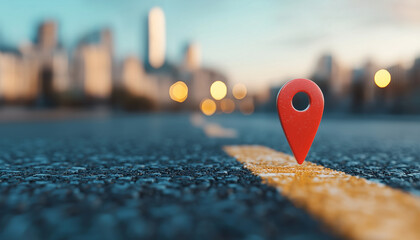 Close up of red map pin on modern road, symbolizing navigation and location. blurred cityscape in background adds depth and context to scene, evoking sense of exploration