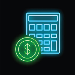 Glowing neon icon of calculator with dollar currency symbol, representing financial calculations and accounting