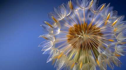 A Close-Up View of a Dandelion's Seed Head with Delicate White Parachutes Against a Vibrant Blue Sky