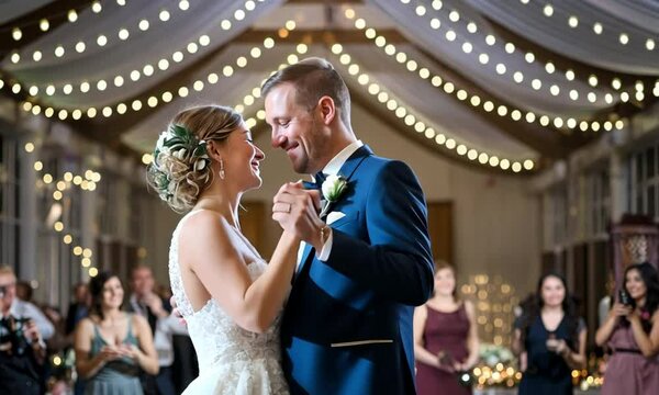 Wedding Bliss: A mid-shot of a bride and groom during their first dance, with soft smiles and love in their eyes, capturing the magic of the moment.