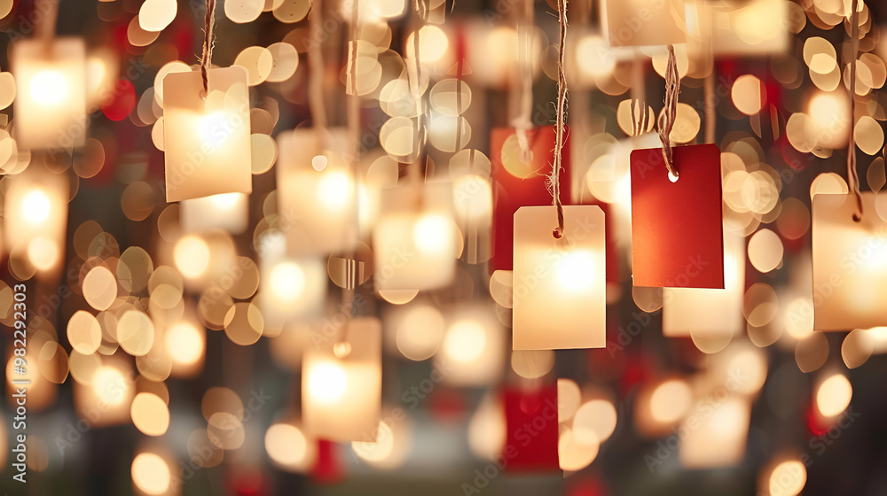 Fototapete abstract background with hanging tags and warm bokeh lights, creating a festive and whimsical atmosp