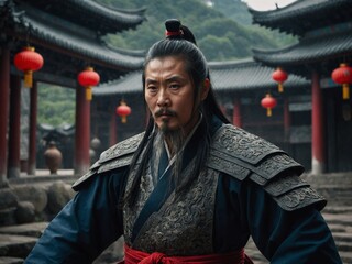 Middle-aged asian man with long beard and bun hairstyle, wearing traditional chinese armor and clothing, standing in front of temple with red lanterns