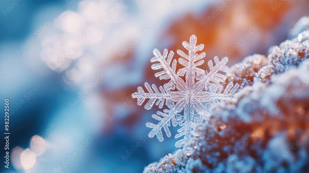 Poster A stunning close-up of a delicate snowflake resting on a frosty surface, showcasing intricate patterns and winter beauty.